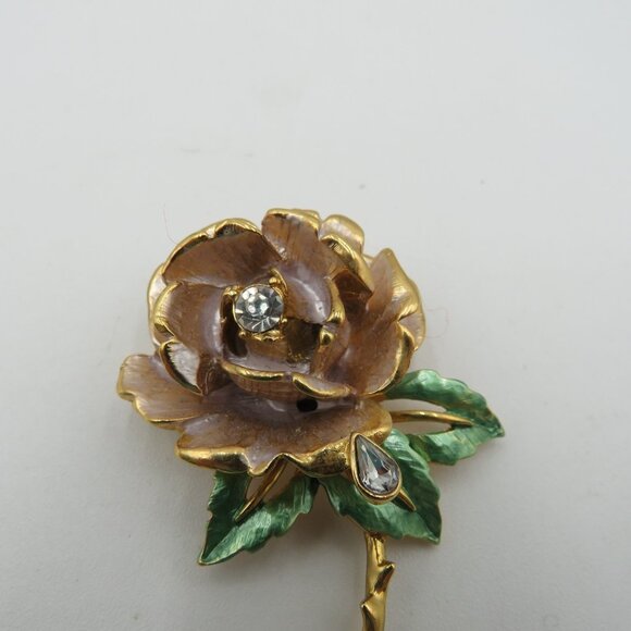 Vintage 1997 England's Rose Flower Brooch Gold Tone Enamel Rhinestone Pin Jewelr - Picture 5 of 9